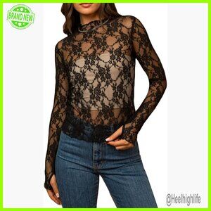 Sheer Mesh Long Sleeve Layering Top Mock Neck Floral Lace Blouse